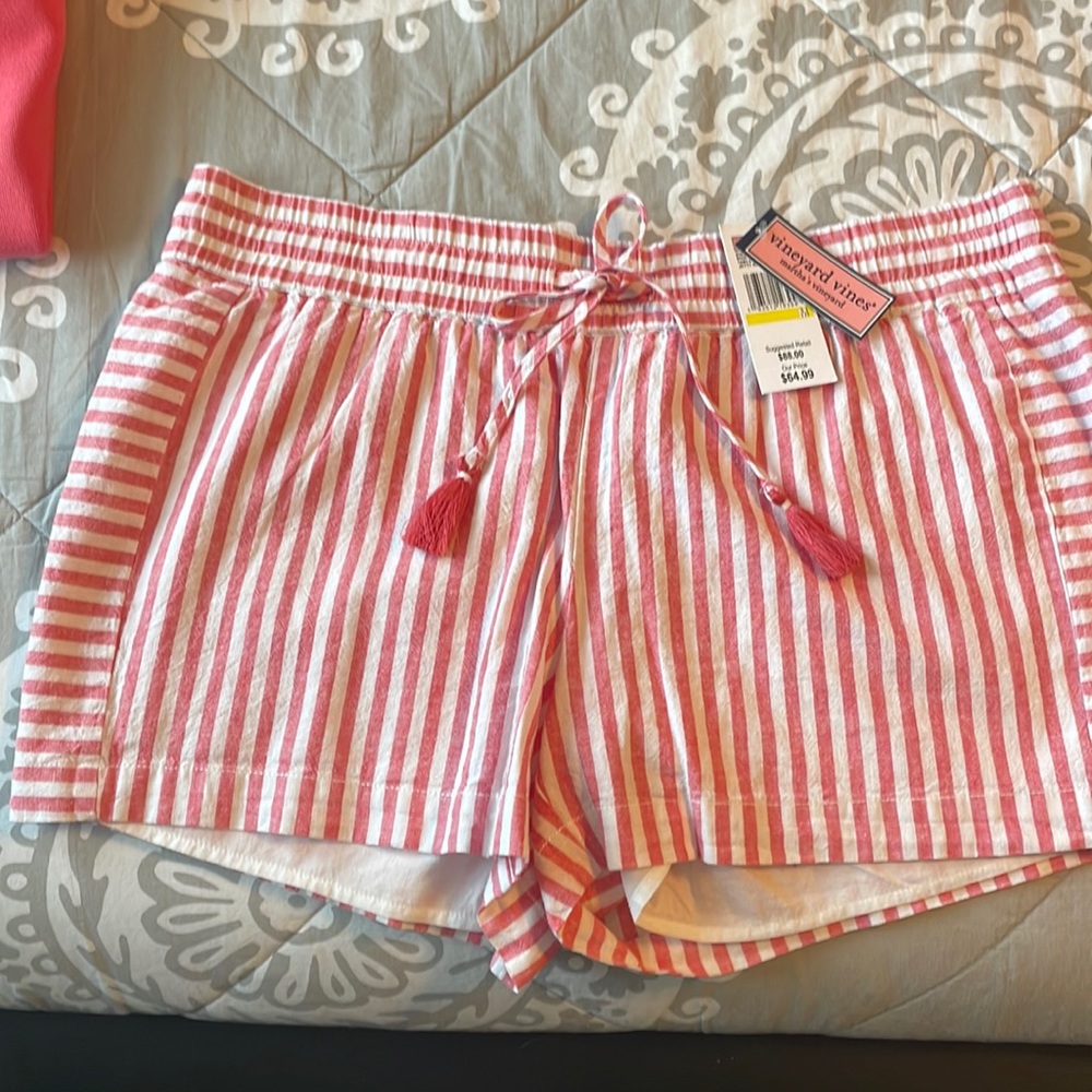 Coral and white striped drawstring cotton lined shorts
